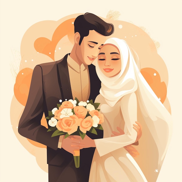 Wedding couple in love Vector Illustration in flat with muslim style