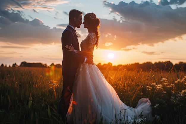 Wedding couple posing on sunset at wedding day Bride and groom in love