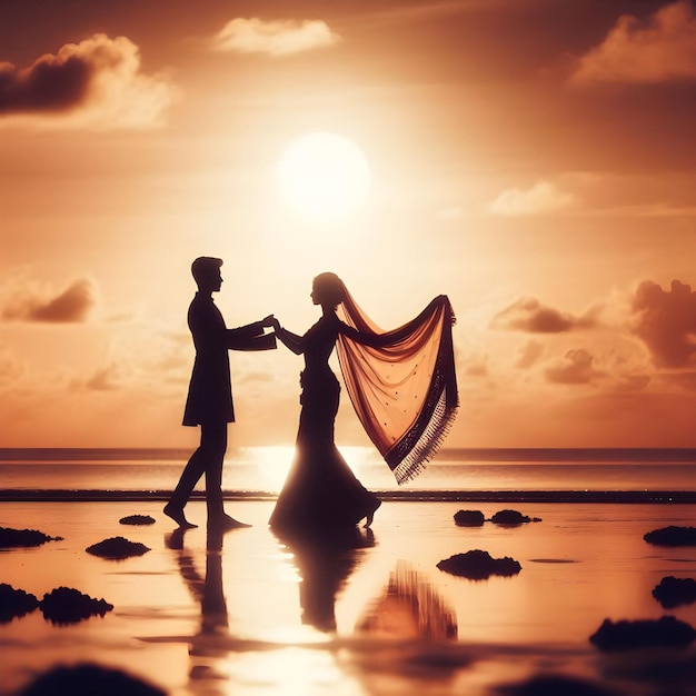 a wedding couple in sarees dancing in the sunset sky clean and high definition quality