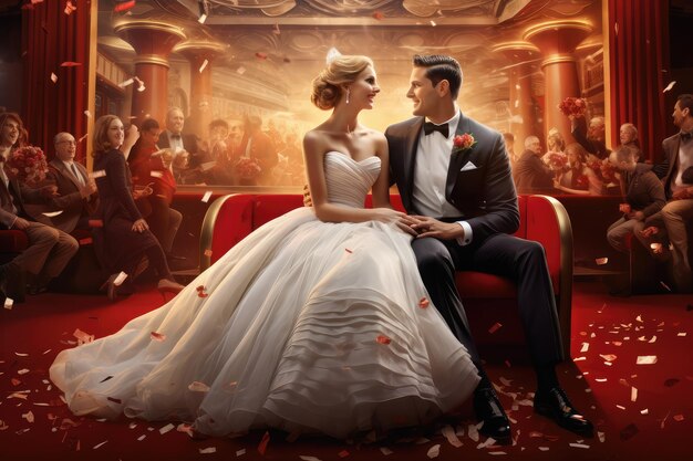 Photo wedding couple sitting on a red sofa in a luxurious interior