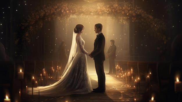 A wedding couple stand in front of a lit altar with candles and the word love on the bottom right.