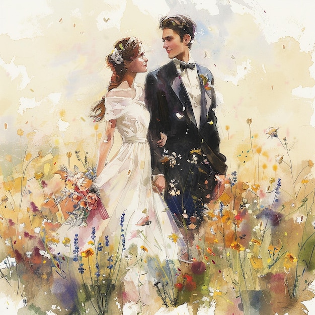 Photo wedding a couple standing handinhand amidst a field of wildflowers watercolor style painting