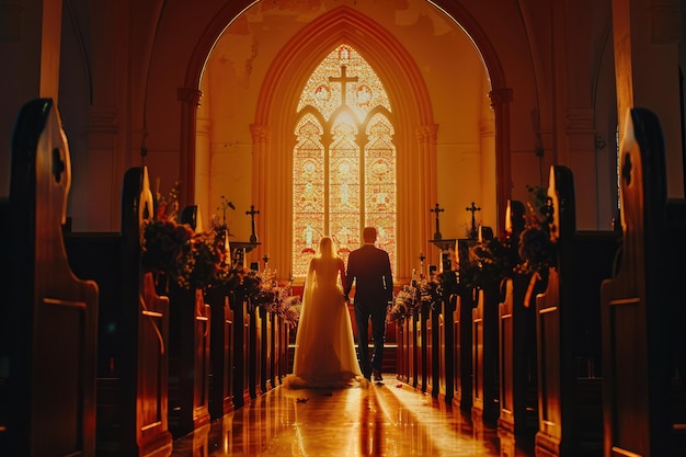 Wedding Couple Walking Down Aisle in Church with Light from Windows