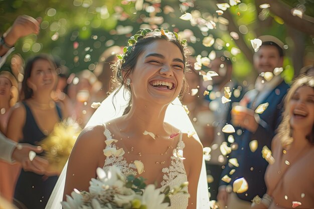 Wedding Couple with Flower Petals Celebration Happy Bride and Groom