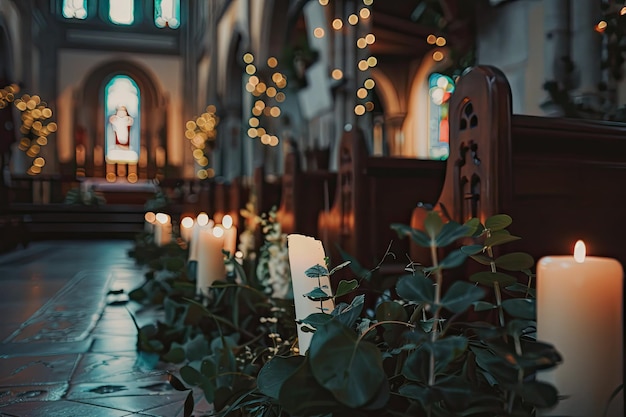 Wedding Day Details Church Decorations with Plants and Candles