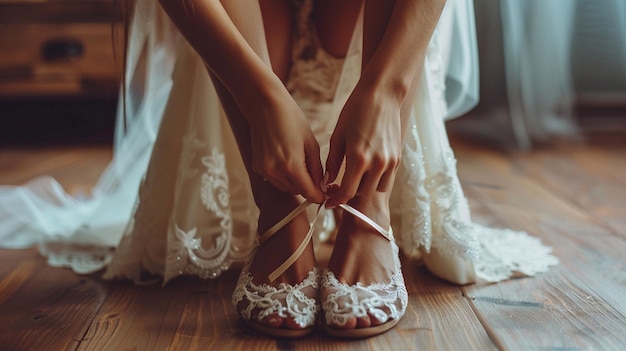 Photo wedding day preparation bride tying shoes on floor