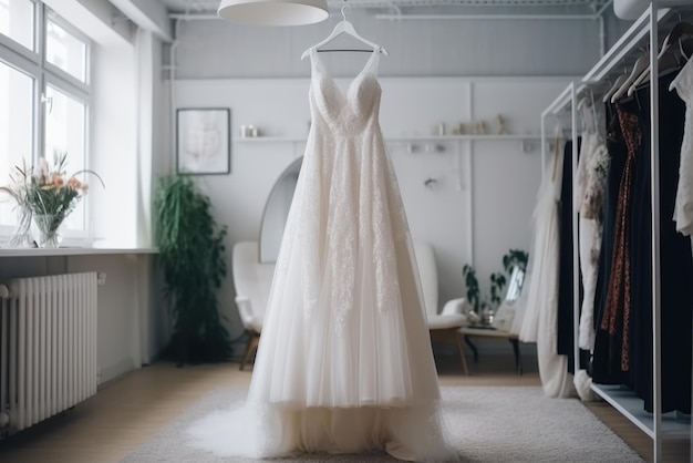 Wedding day white dress on a hanger for the bride generative ai