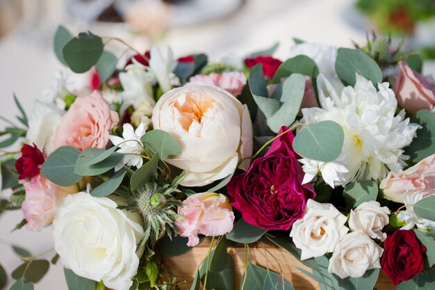 Wedding decor. Flowers in the restaurant, food on the table