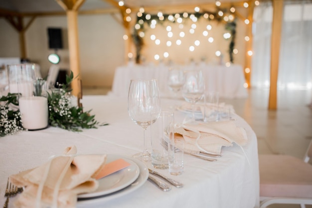 Wedding decor on the table in the restaurant