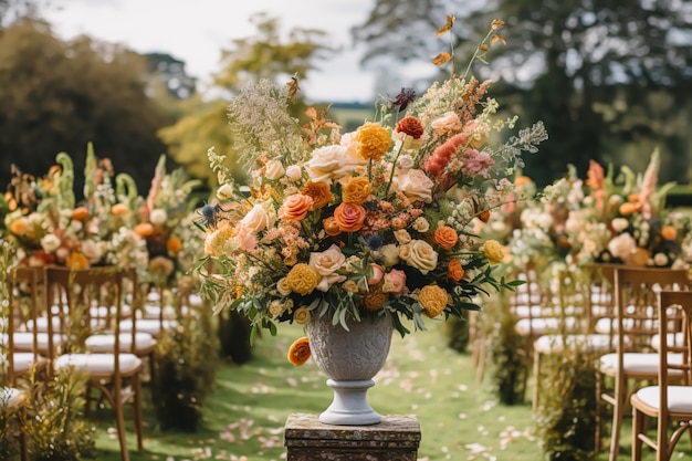 Wedding decoration floral decor and event celebration autumnal flowers and wedding aisle in the autumn garden country style generative ai