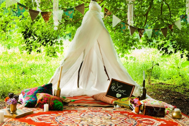 Wedding decoration in forest with wedding ceremony