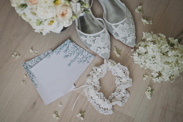 Wedding details for the bride shoes garter delicate bouquet wedding i