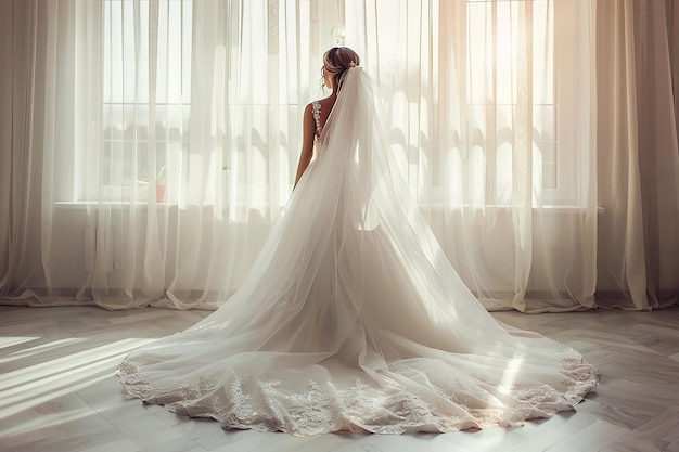 Wedding dress Beautiful bride in white wedding dress indoors