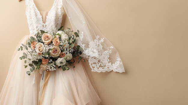 Wedding dress and bridal bouquet on neutral pastel background copy space