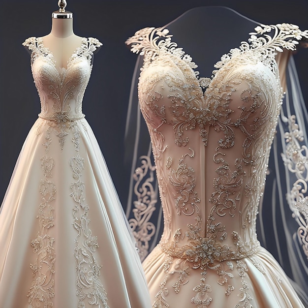 A wedding dress and a dress on a hanger with the word bride on it.