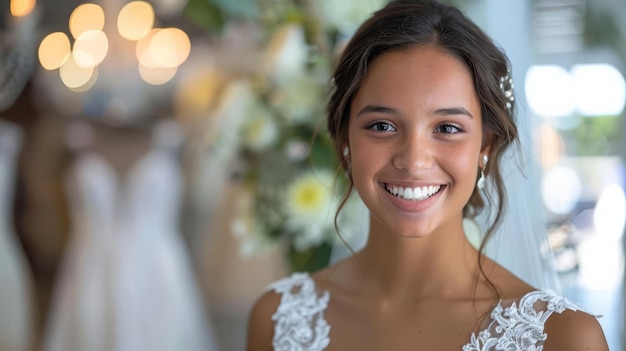 Wedding Dress Fitting Focus on a bride Hispanic 20s smiling and looking at the camera trying on a wedding dress with a bridal shop background empty space center for text marry valentine