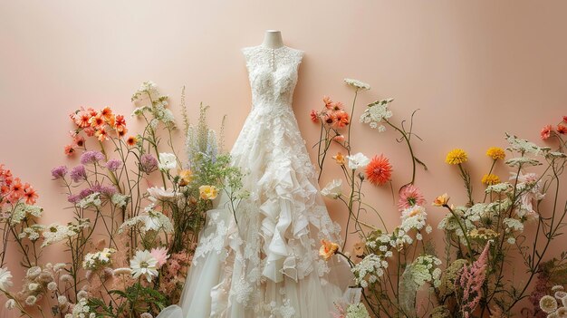 Wedding dress in flowers On a neutral pastel background