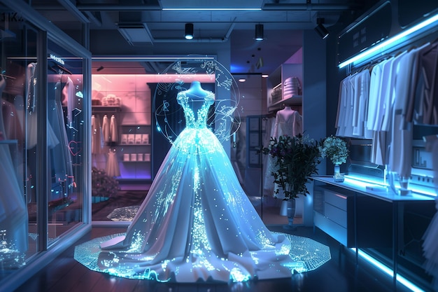 Photo wedding dress in futuristic holographic showroom gorgeous and sophisticated elegant bridal dress el