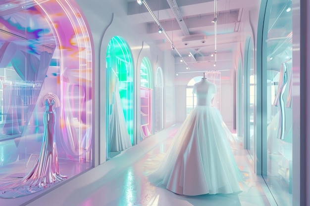 Photo wedding dress in futuristic showroom gorgeous and sophisticated bridal dress elegantly displayed