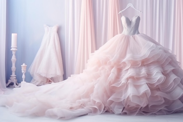 A wedding dress on a hanger with a pink dress on it