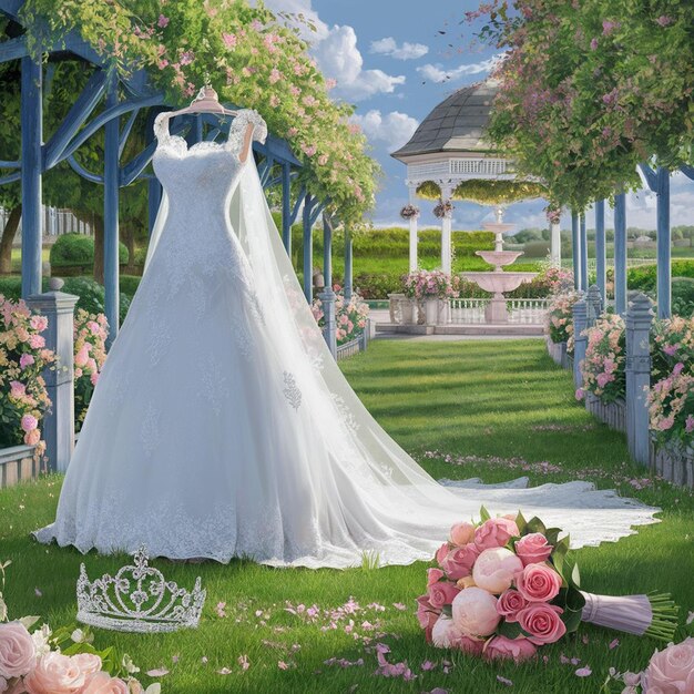 a wedding dress hangs on a fence in a garden