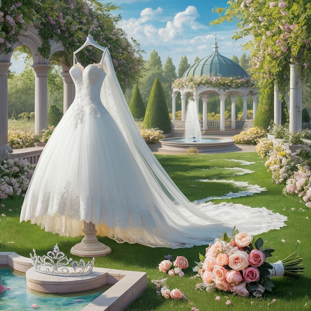 a wedding dress hangs on a pedestal in a garden