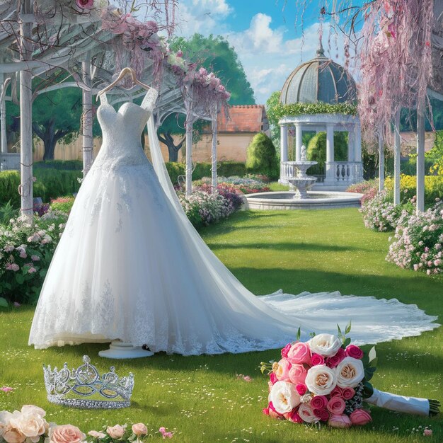 a wedding dress is on display in a garden