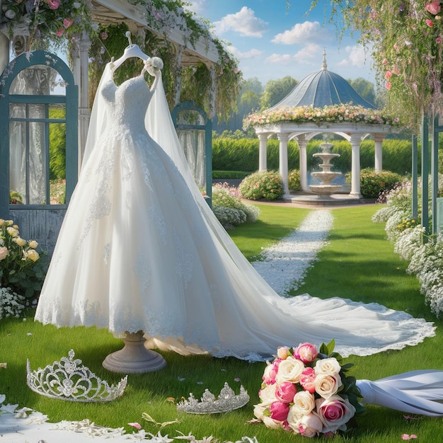 a wedding dress is on display in a garden