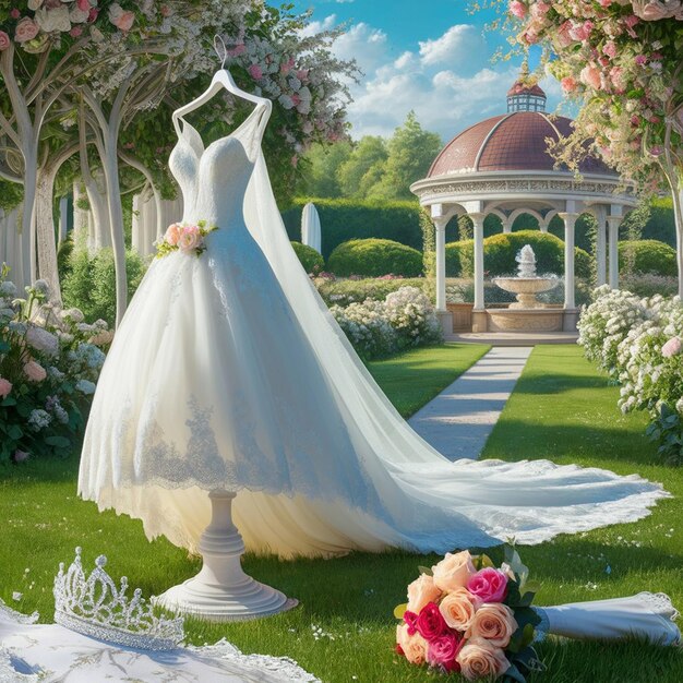 a wedding dress is on display in a garden