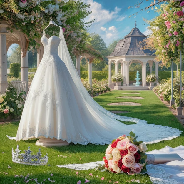 a wedding dress is on display in a garden