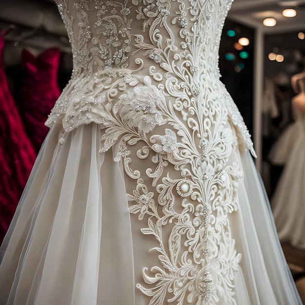 A wedding dress is displayed in a store with a mannequin in the background.