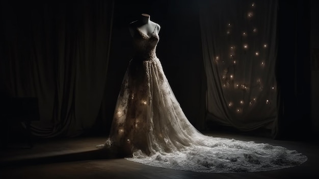 Wedding dress on a mannequin in a dark roomgenerative ai