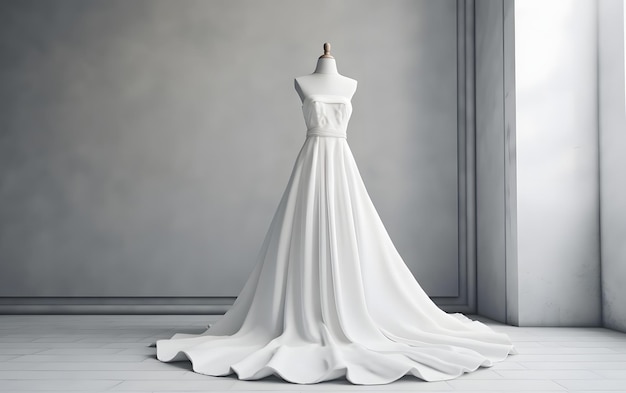 A wedding dress on a mannequin in a room