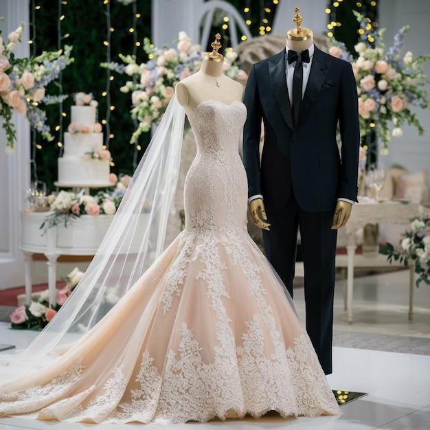 a wedding dress and a suit are displayed next to a mannequin