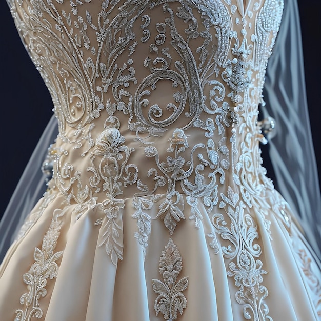 A wedding dress with a lace pattern on the front