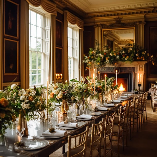 Wedding event celebration and autumn holiday tablescape classic autumnal decor and formal dinner table setting in the country mansion table scape with candles and floral decoration idea