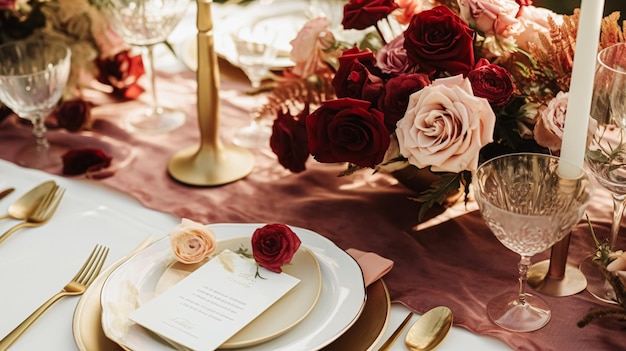 Wedding and event celebration tablescape with flowers formal dinner table setting with roses and wine elegant floral table decor for dinner party and holiday decoration home styling idea