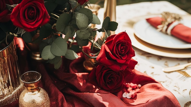 Wedding and event celebration tablescape with flowers formal dinner table setting with roses and wine elegant floral table decor for dinner party and holiday decoration home styling