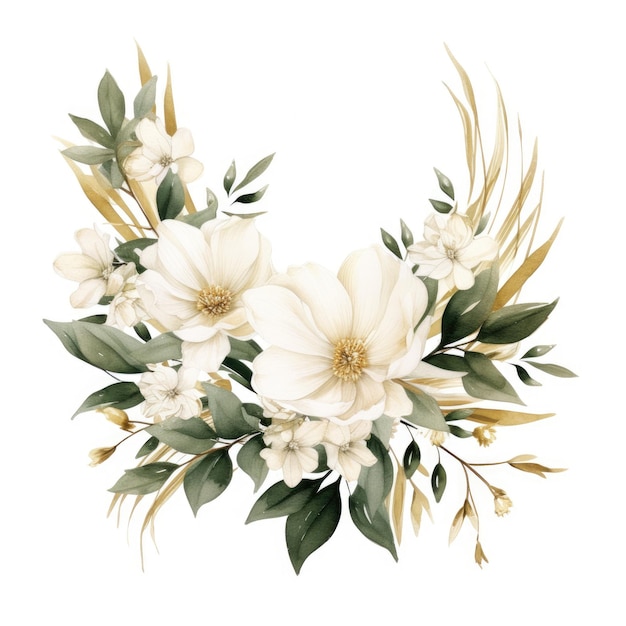 Wedding floral composition watercolor big flowers eucalyptus greenery arrangement isolated on white