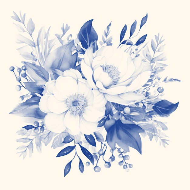 Wedding floral composition watercolor big flowers navy blue design isolated on ecru background Botanical illustration Gentle and elegant beautiful flowers bouquet perfect for wedding invitation