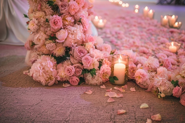 Photo wedding flower decoration with pink roses and candle on carpet wedding flower decoration with pink r