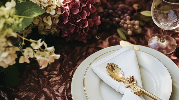 Wedding or formal dinner holiday celebration tablescape with hydrangea flowers in the english