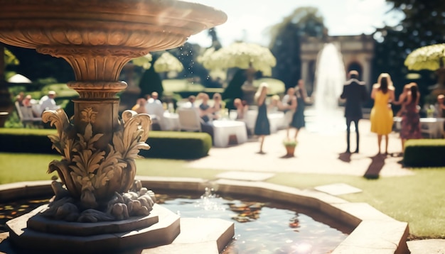 Wedding guests celebrating at a beautiful outdoor venue on a sunny day luxury wedding decoration idea and decor inspiration with flowers party event celebration at the garden estate Generative Ai