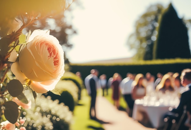 Wedding guests celebrating at a beautiful outdoor venue on a sunny day luxury wedding decoration idea and decor inspiration with flowers party event celebration at the garden estate Generative Ai