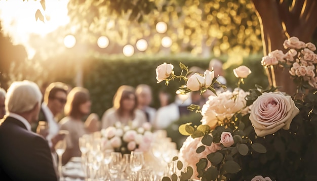 Wedding guests celebrating at a beautiful outdoor venue on a sunny day luxury wedding decoration idea and decor inspiration with flowers party event celebration at the garden estate Generative Ai