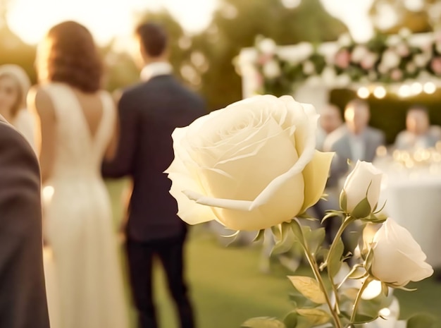 Wedding guests celebrating at a beautiful outdoor venue on a sunny day luxury wedding decoration idea and decor inspiration with flowers party event celebration at the garden estate Generative Ai