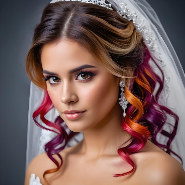 Wedding hairstyle bride with vibrant bright color strands wearing soft makeup