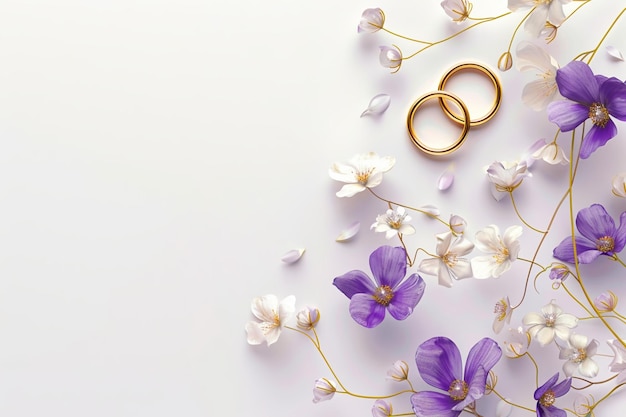 Wedding illustration of gold rings and delicate flowers on a pure white background with free space