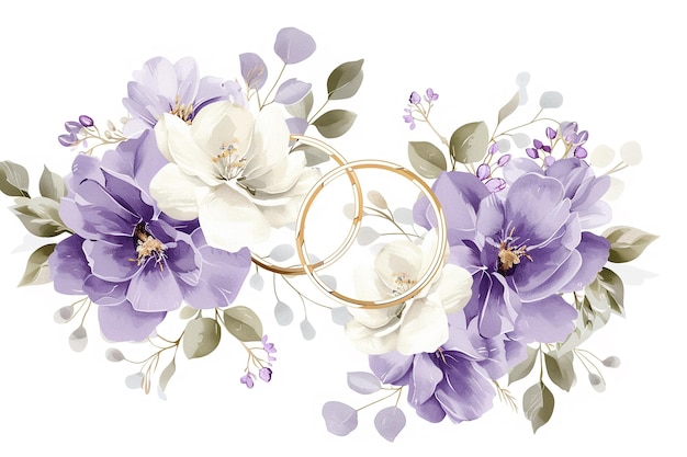 Wedding illustration of gold rings and delicate flowers on a pure white background