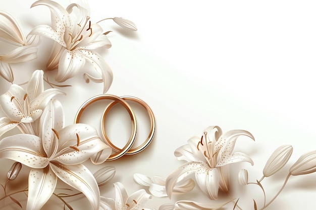 Wedding illustration of gold rings and lilies with free space